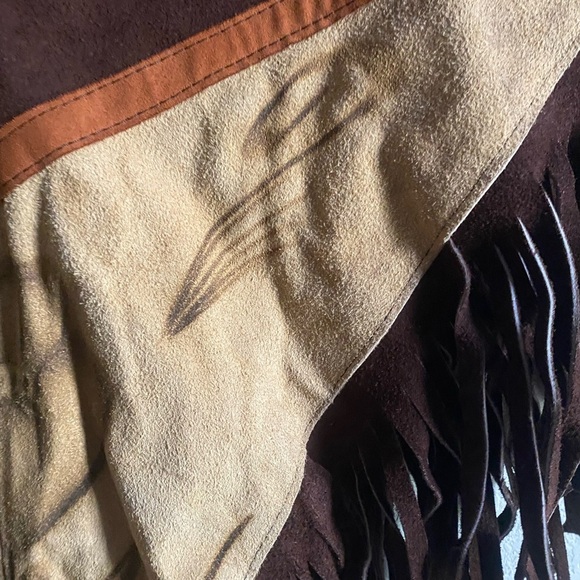 Vintage HECHO EN MEXICO Leather Suede Floral Western Brown Tan Fringed Poncho - Picture 11 of 16